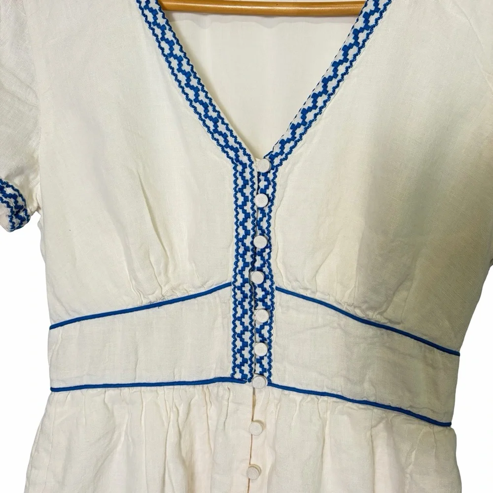 J. Crew 100% Linen Embroidered White Midi Dress with Blue Trim V-Neck, US 6 - Picture 5 of 16